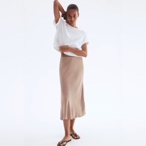 H&M Crepe Midi Skirt Taupe XL Brown Minimalist Boho Chic Neutral Office